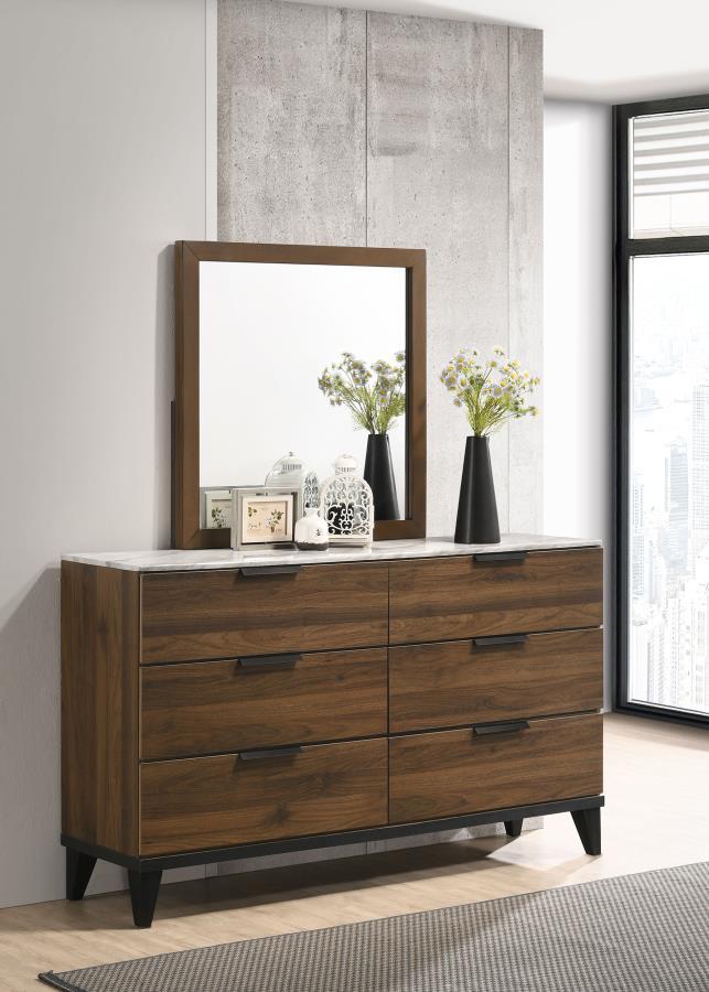 Mays - 6-Drawer Dresser With Mirror With Faux Marble Top - Walnut Brown