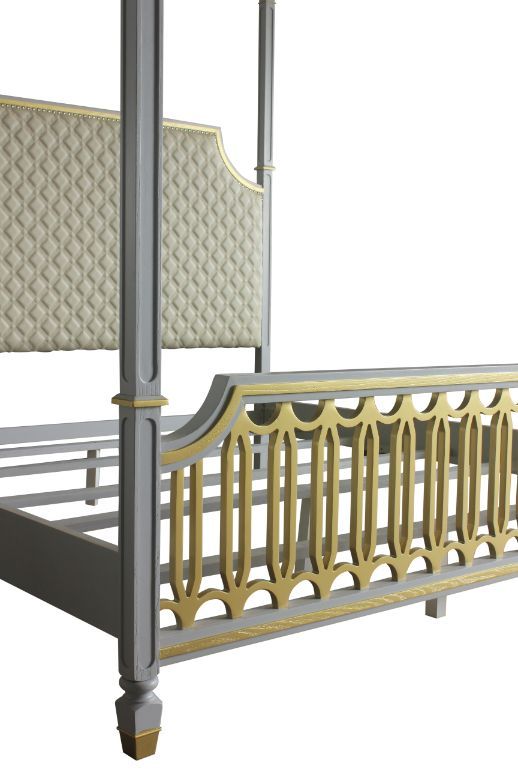 House - Marchese California King Bed - Beige PU, Gold & Pearl Gray Finish