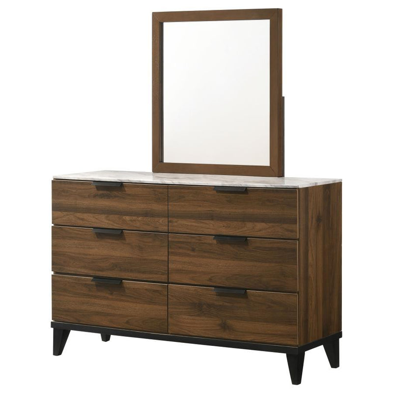 Mays - 6-Drawer Dresser With Mirror With Faux Marble Top - Walnut Brown