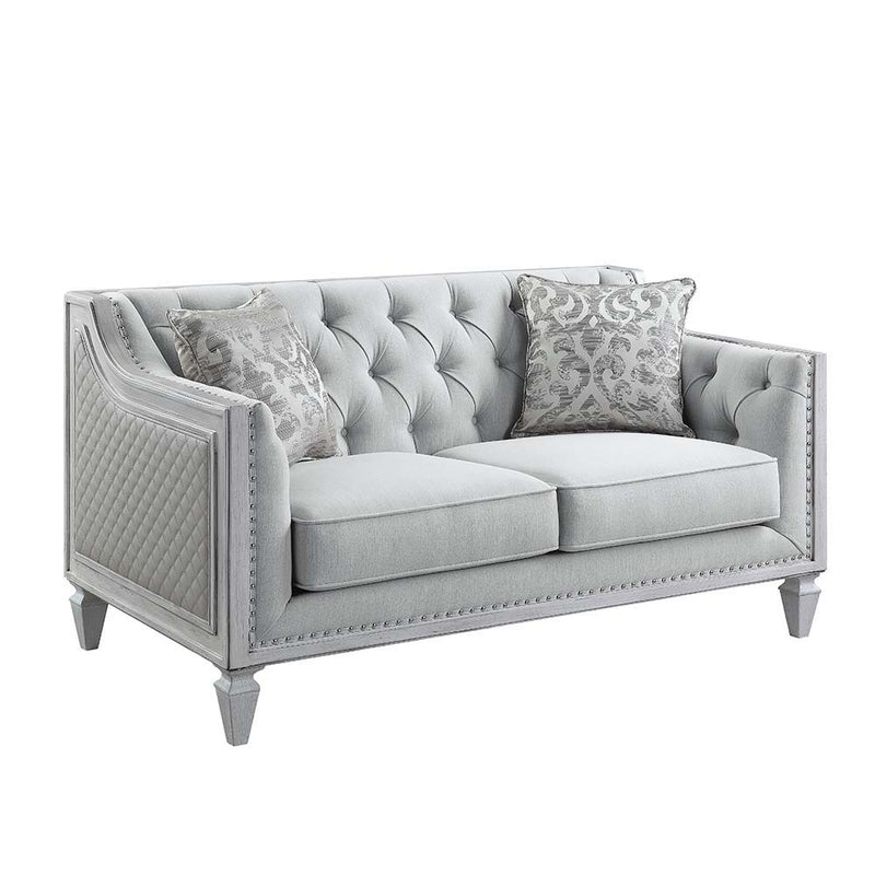 Katia - Loveseat - Light Gray Linen & Weathered White Finish