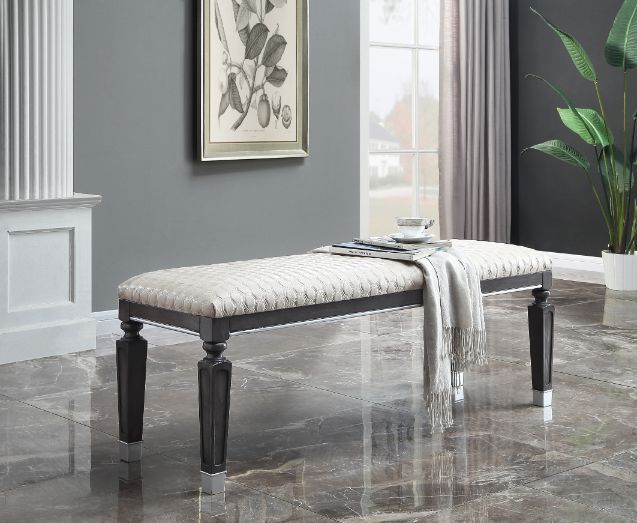 House - Beatrice Bench - Two Tone Beige Fabric, Charcoal Finish