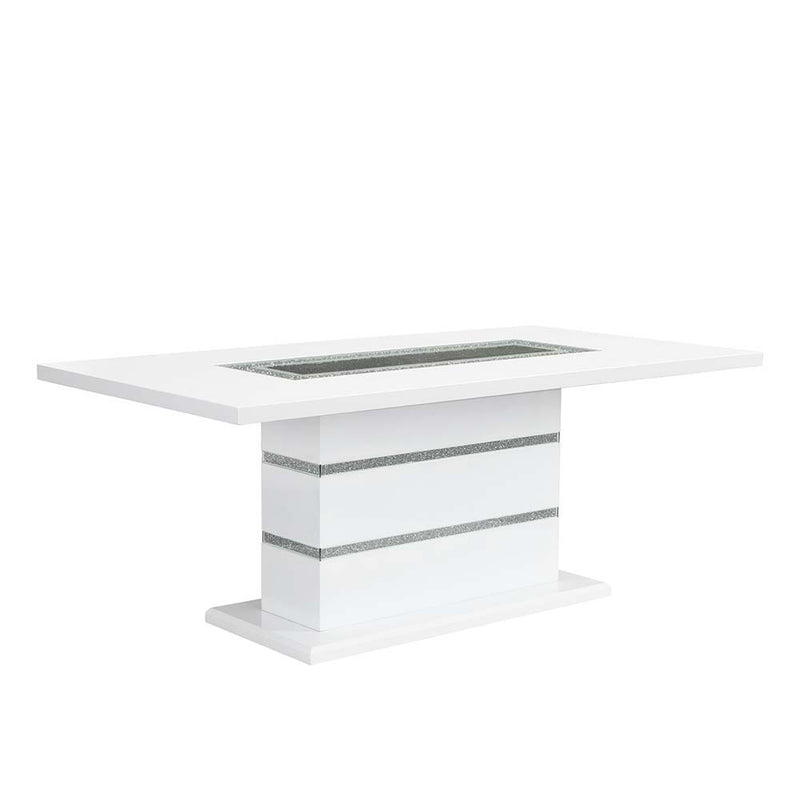 Elizaveta - Dining Table - Gray Velvet, Faux Crystal Diamonds &White High Gloss Finish