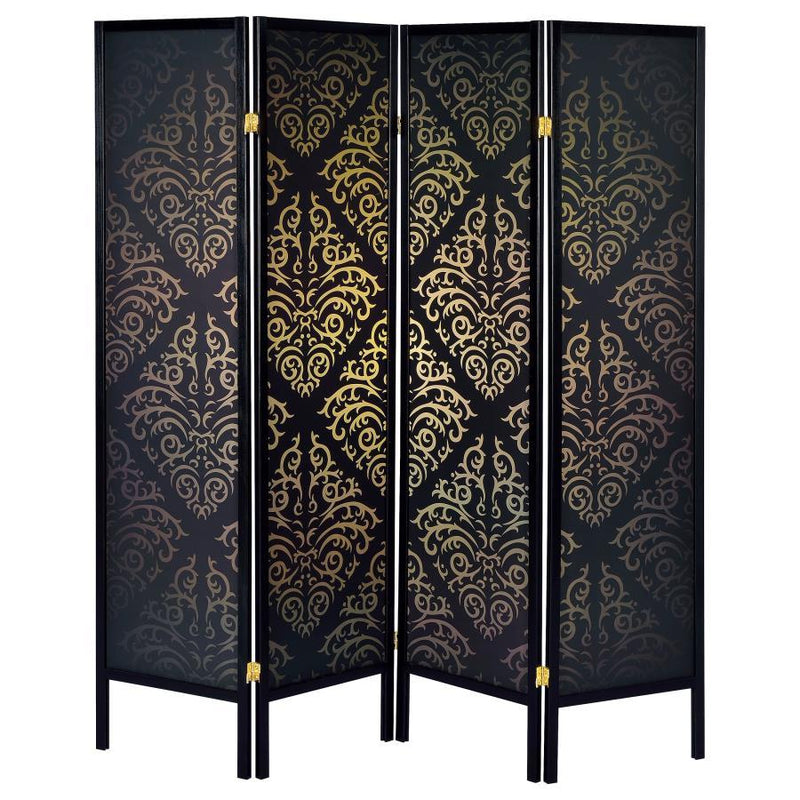 Haidera - 4-panel Damask Pattern Folding Screen - Black